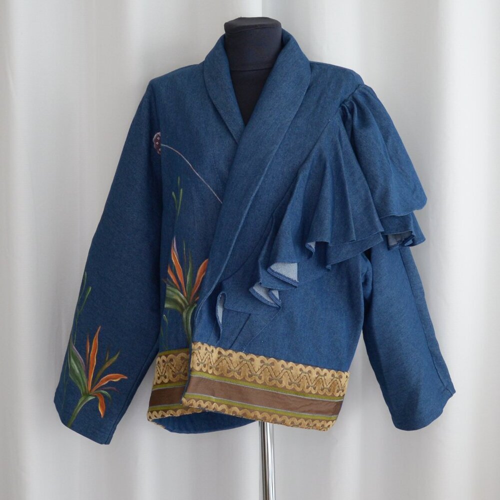 Handmade One of a Kind Denim Asymmetric Handpainted Ruffle Jacket Sz S-L - Picture 1 of 6